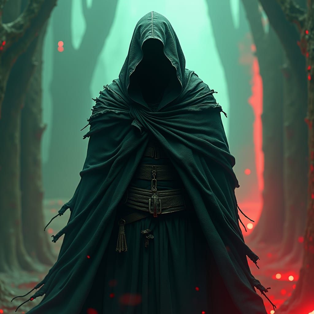 Mysterious Cloaked Figure in a Mystical Realm