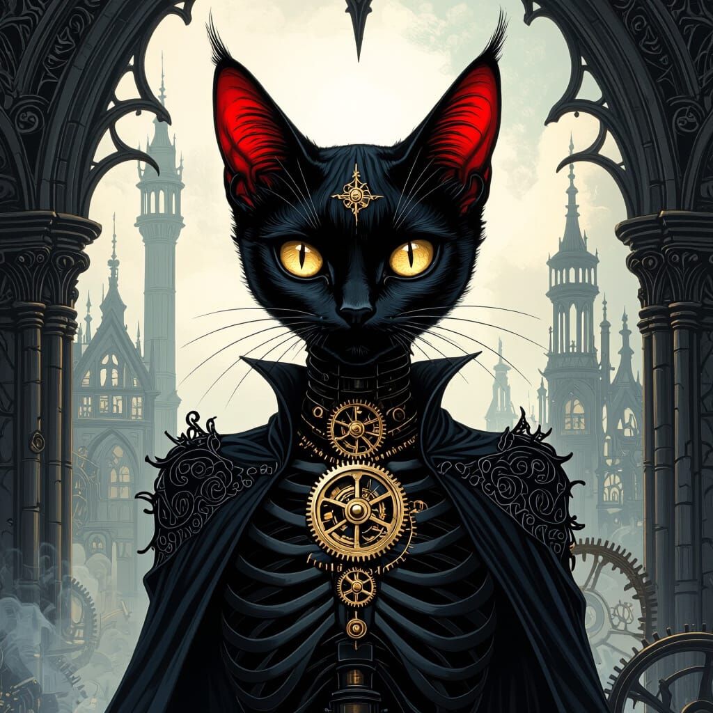 Steampunk Black Cat in Gothic Cityscape