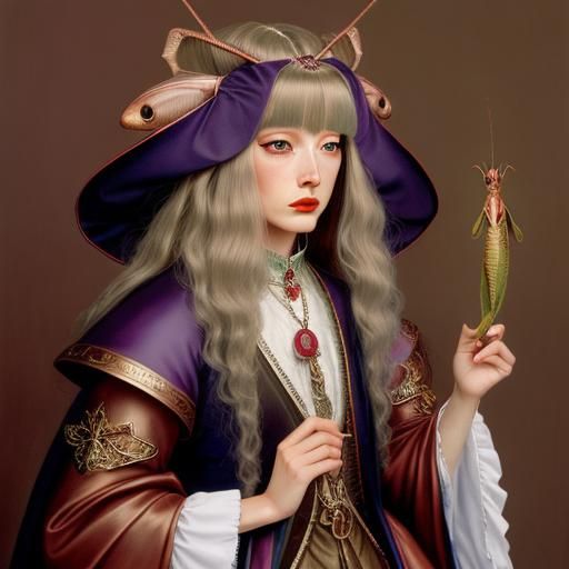 Crossdressing Mantis in Wig: Hyperrealistic Photo