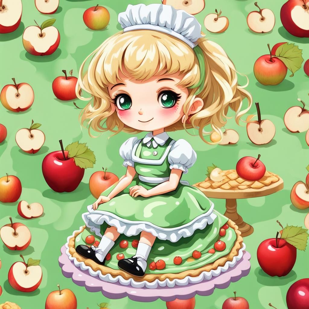 Chibi Girl on Apple Pie in Gouache Style