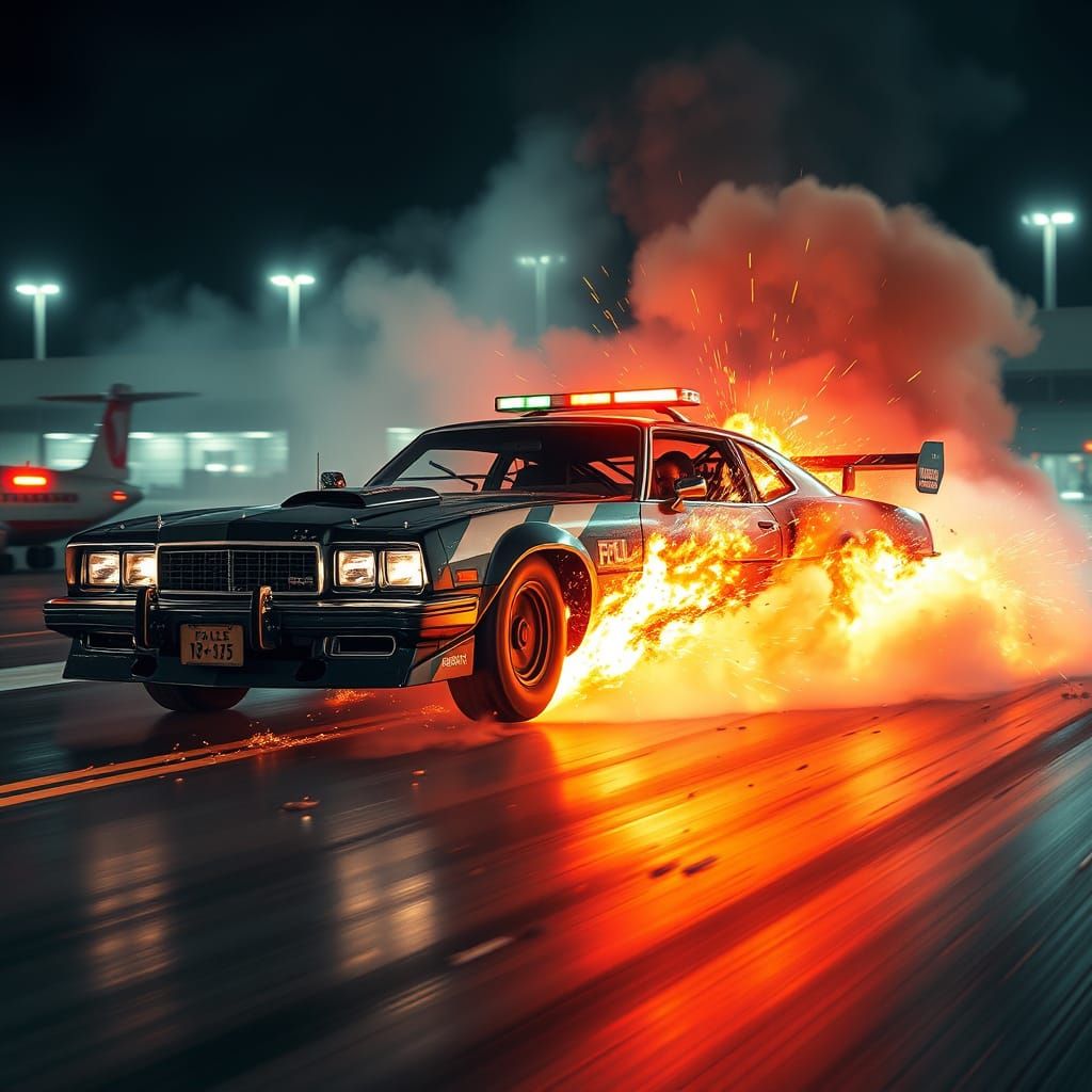 Cyberpunk Car Crashing Through Police Blockade