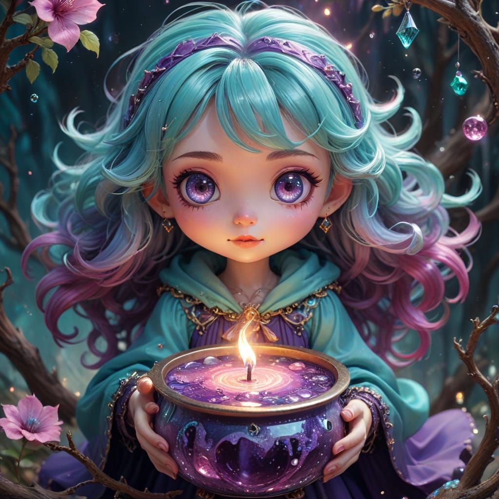 Chibi Witch Brewing Potion with Pastel Colors