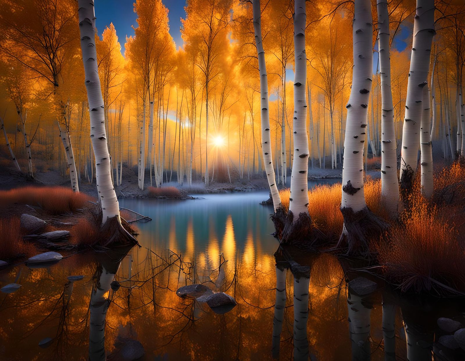 Autumn Sunrise Over Lake With Aspens