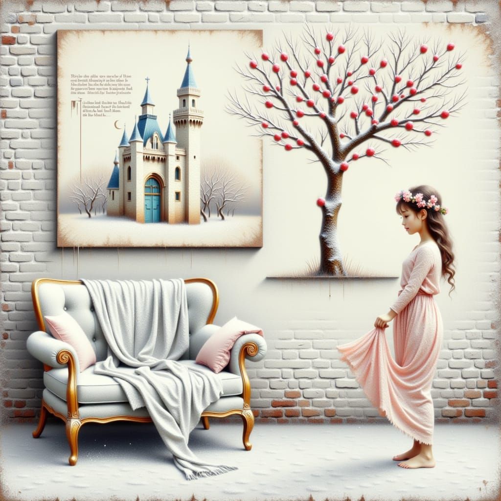 Dreamy Triptych on Weathered Brick Wall