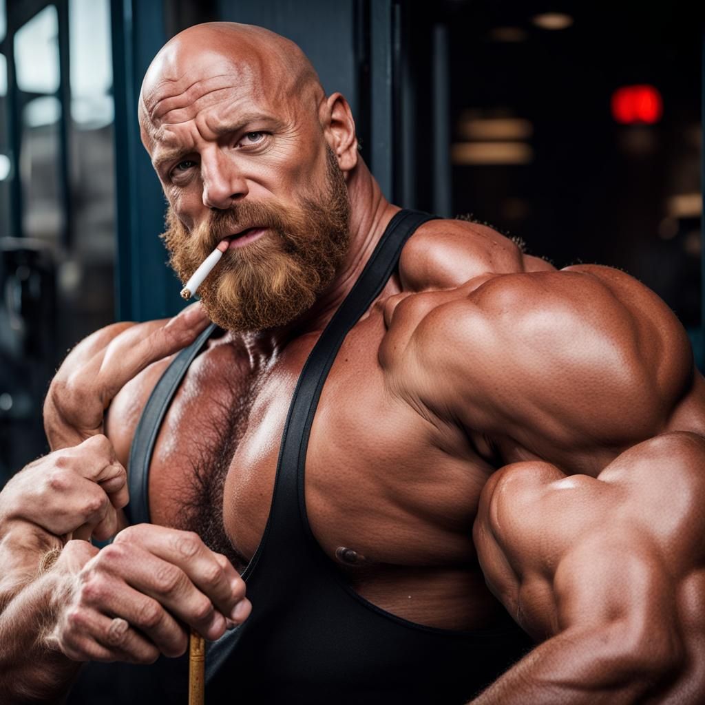 Bald Bodybuilder with Beard Smoking