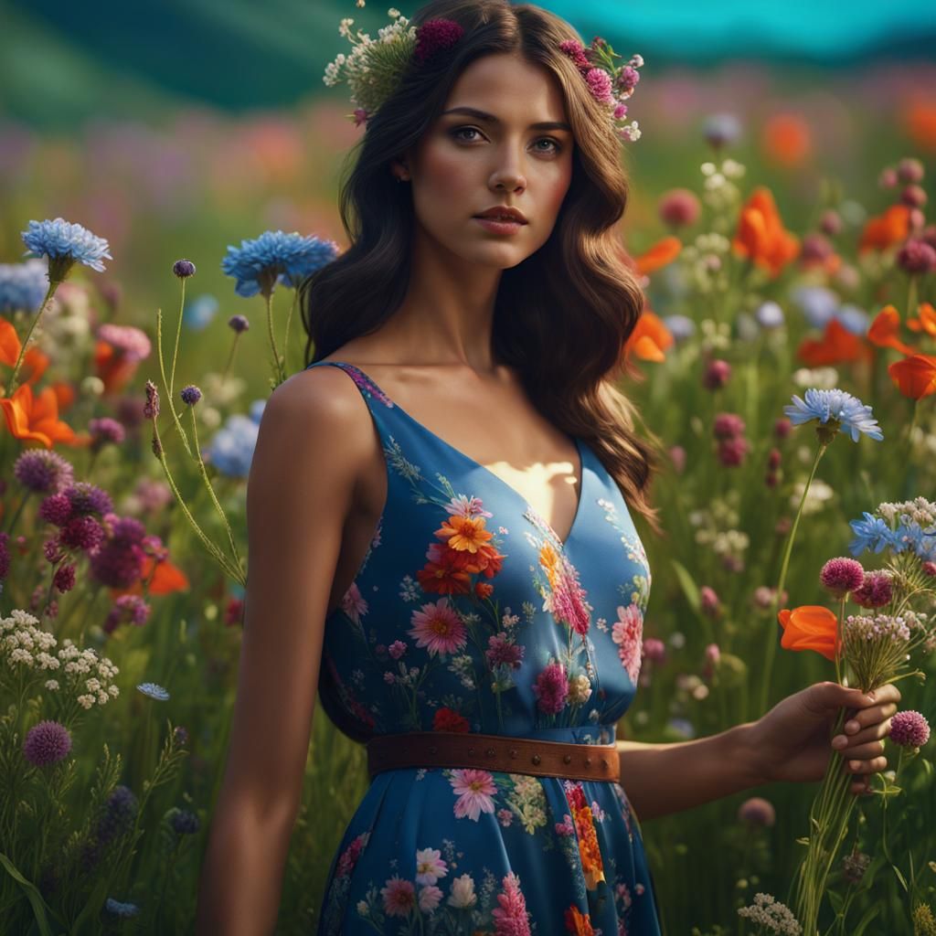 French Woman in Floral Meadow, Digital Painting