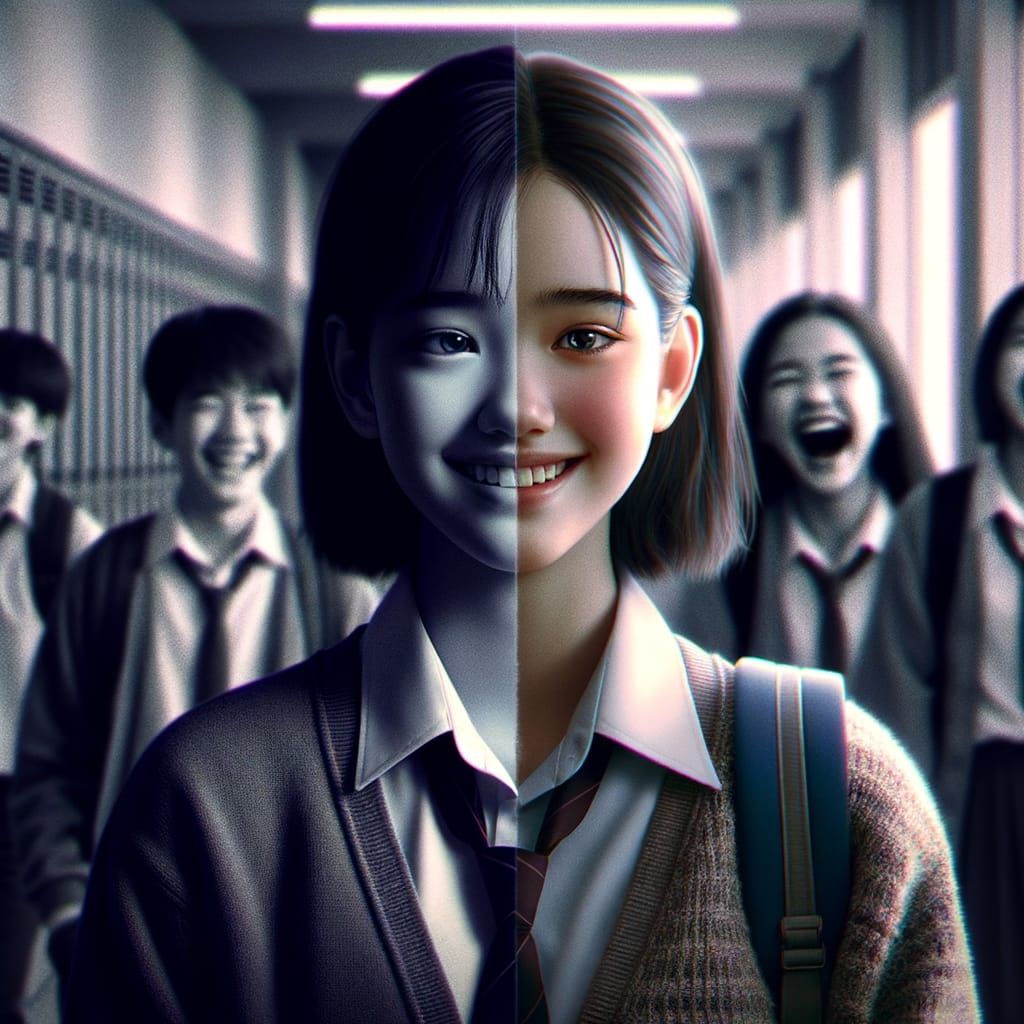 Young Student Confronts Dual Emotions in School Hallway