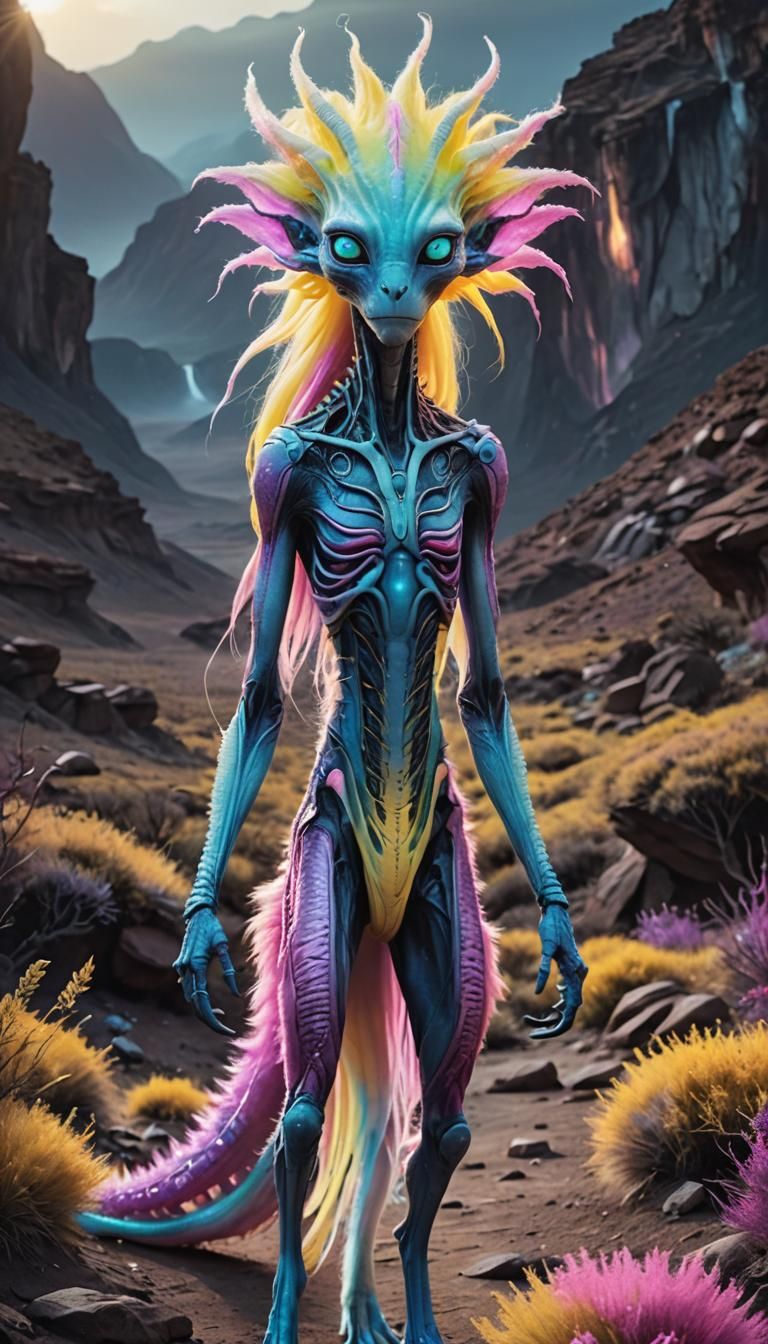 Ombré Fur Alien Being in Alien Landscape