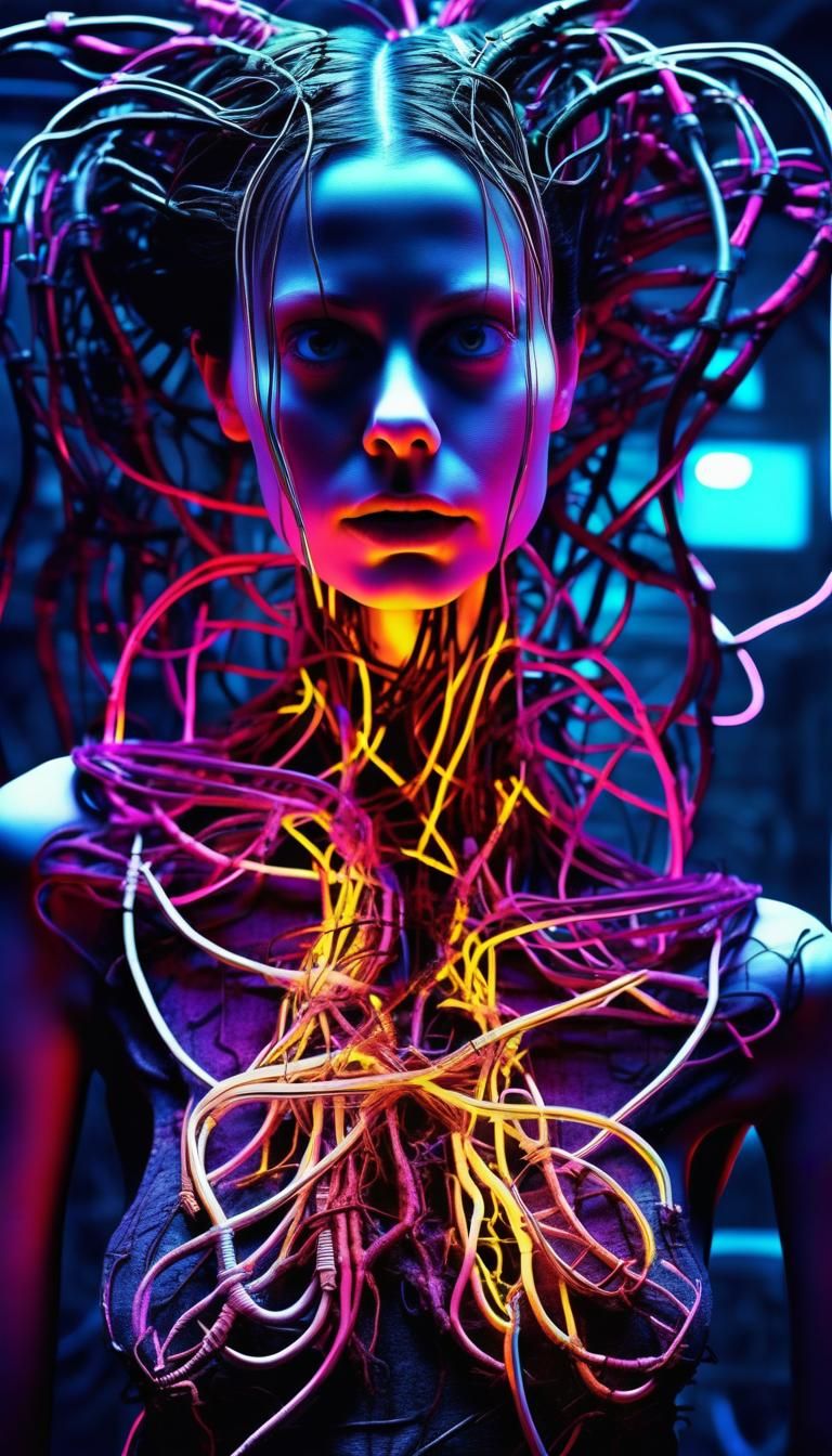 Biopunk Double Exposure: Woman of Roots and Neon