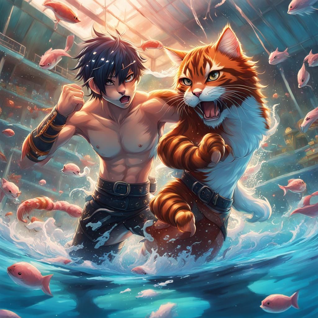 Anime Muscular Cat-Boys Fighting in a Pool
