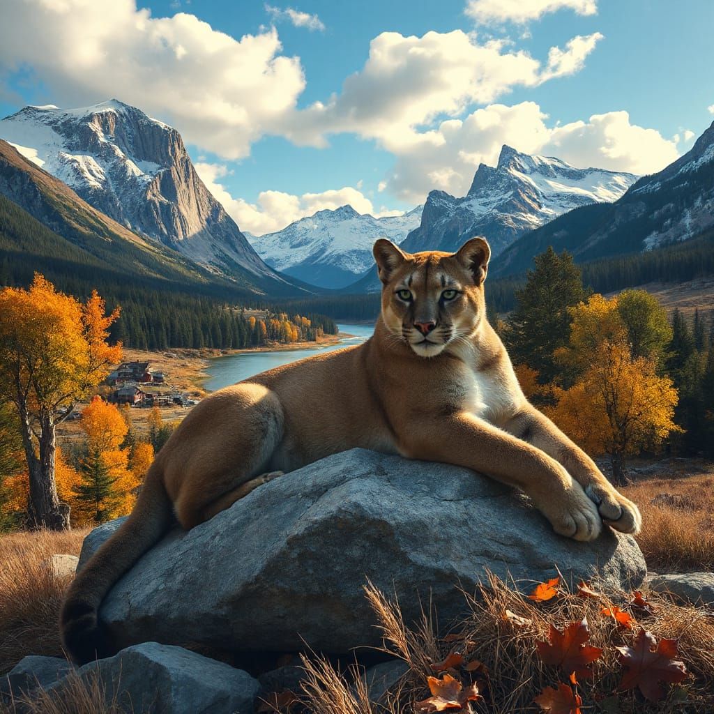 Cougar in Autumn Mountain Landscape as Oil Painting