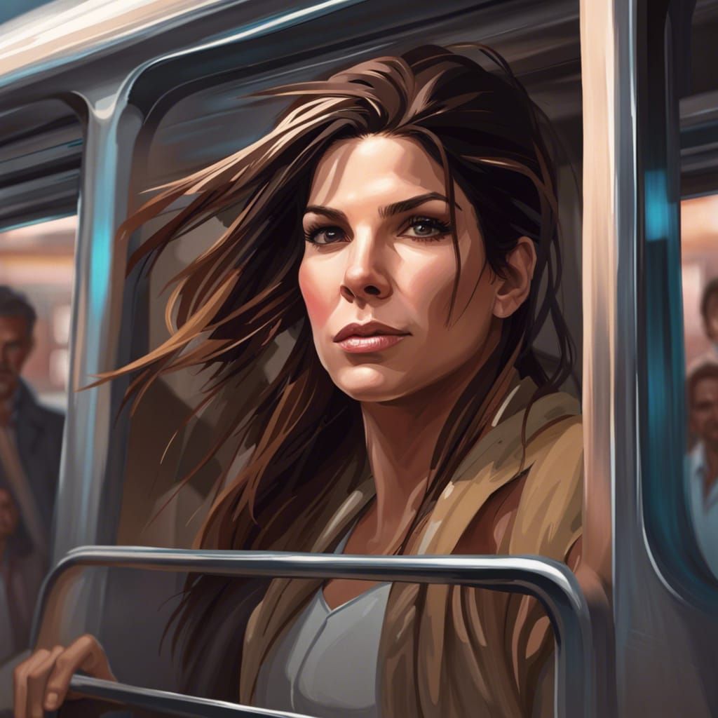 Sandra Bullock Driving a Bus: Hyperdetailed Portrait