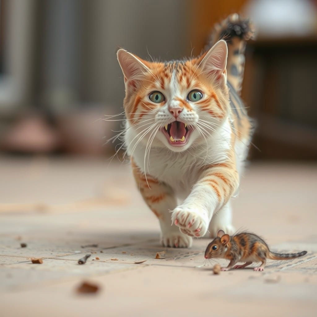 Whimsical Feline Chase Scene in a Playful Art Style