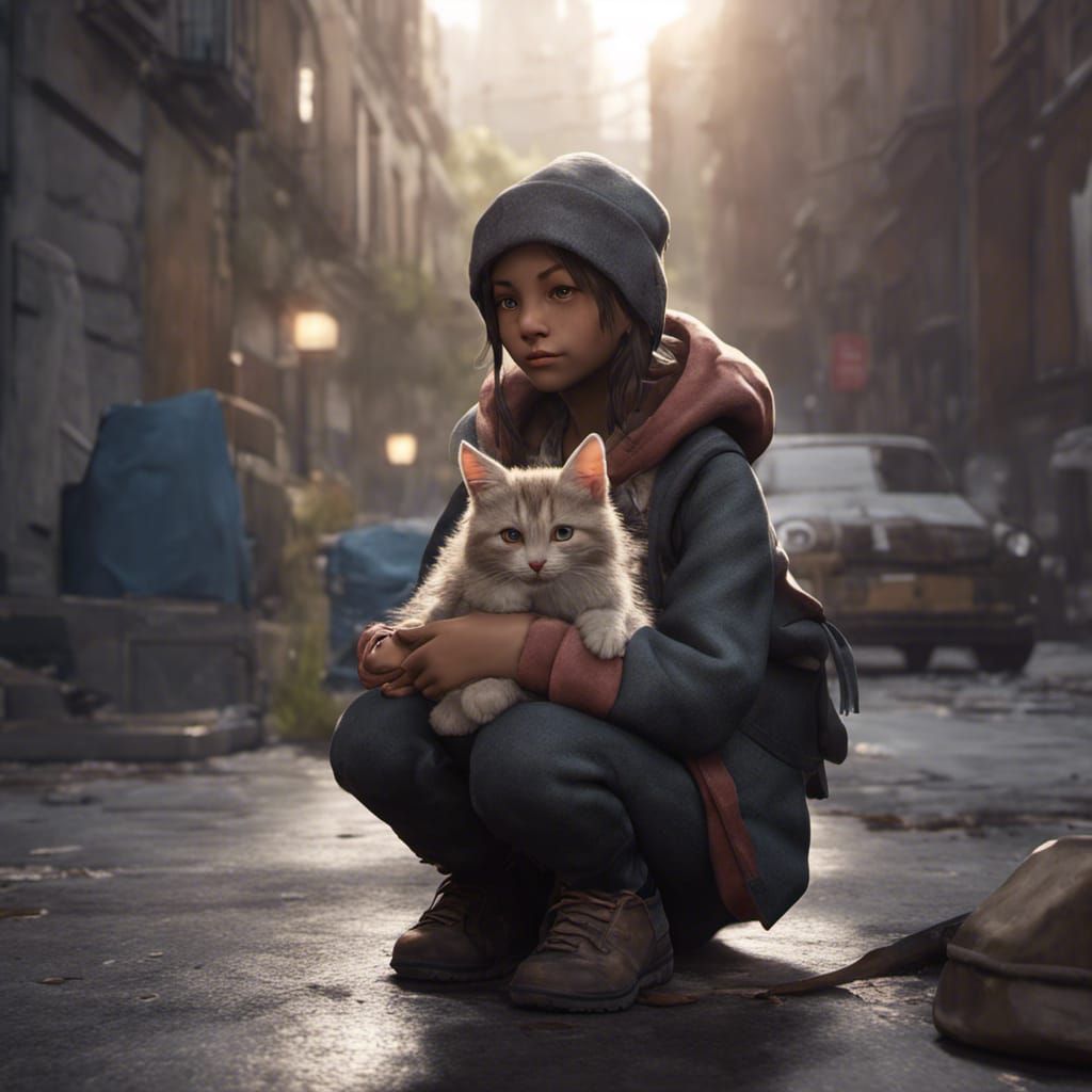 Homeless Girl and Kitten in 3D Game Style