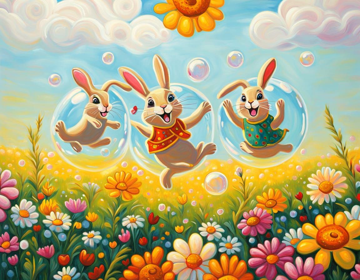 Laughing Rabbits Floating in Bubbles as Oil Painting