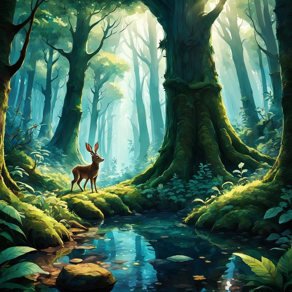 Mystical Forest Scene in Whimsical Pixar Style