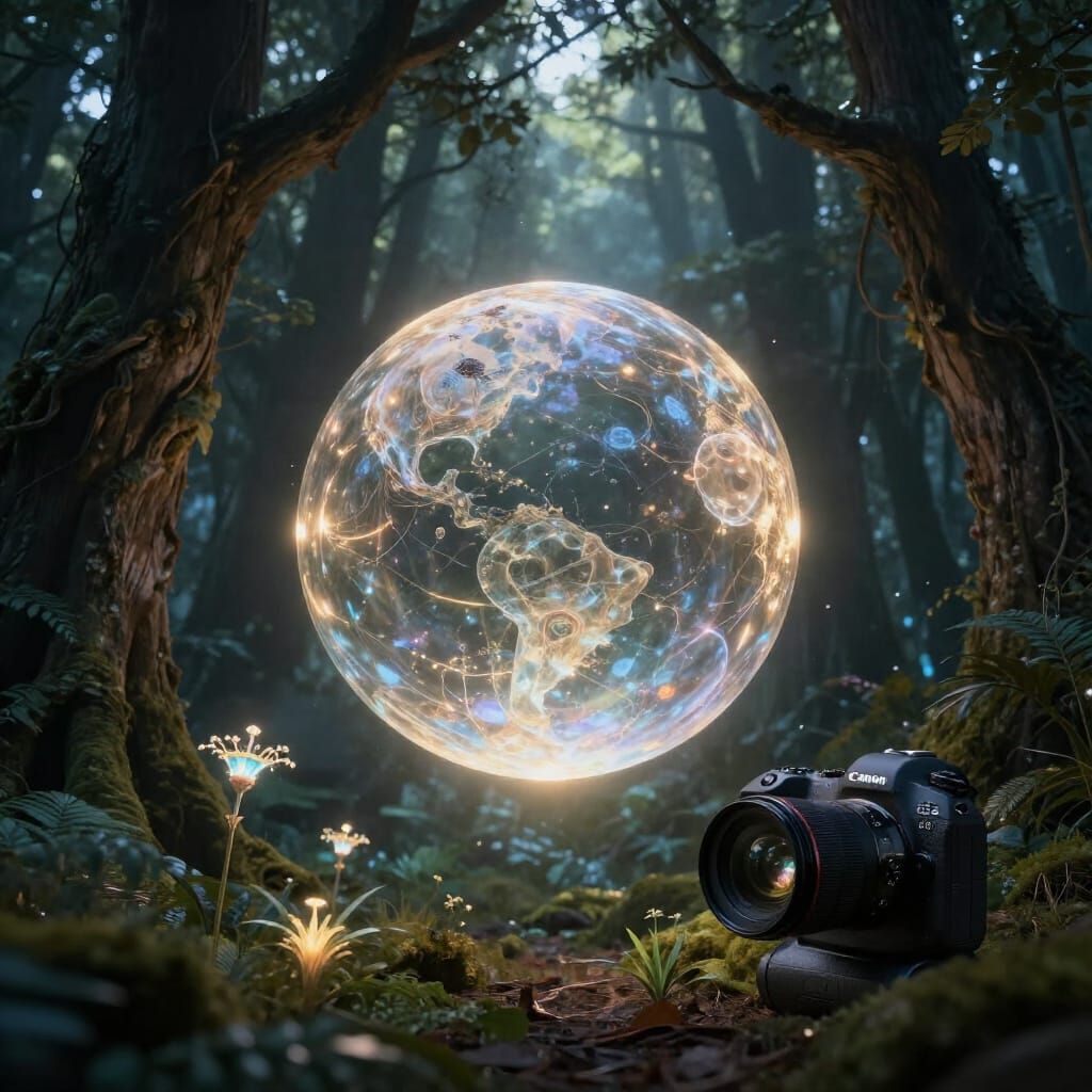 Mystical Glowing Orb in Ancient Forest