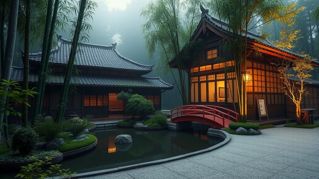 Japanese Manor House in Bamboo Forest: Digital Art