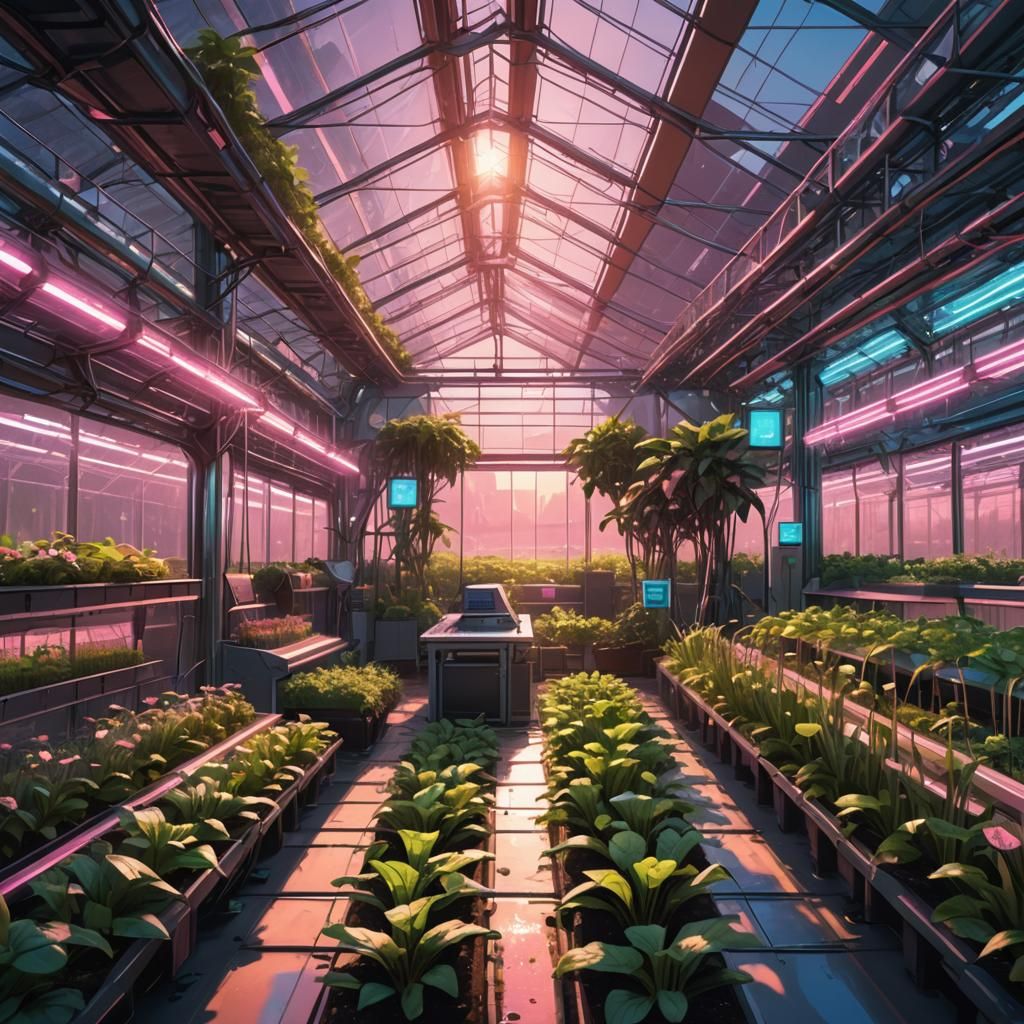 Futuristic Cyberpunk Greenhouse with AI Farming System
