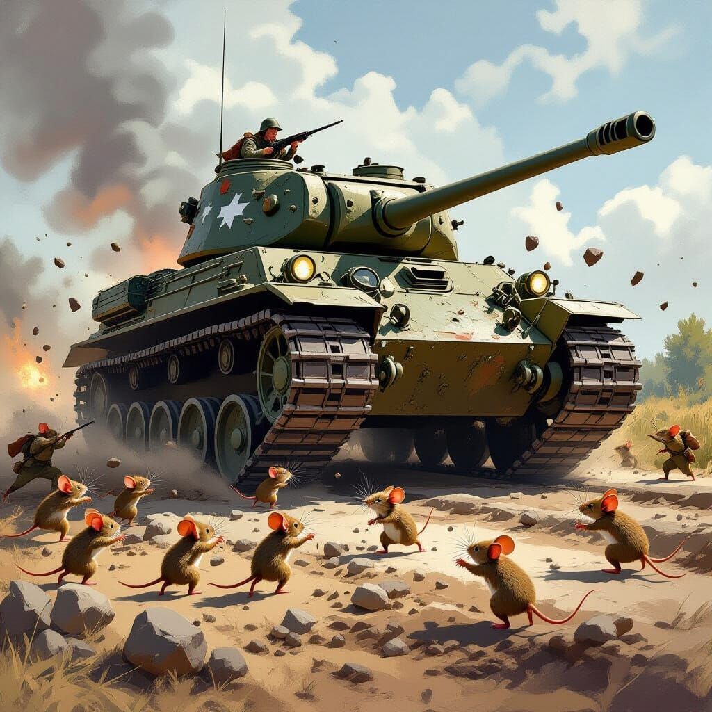 Mice Attack Giant WWII Tank in Dramatic Painterly Style