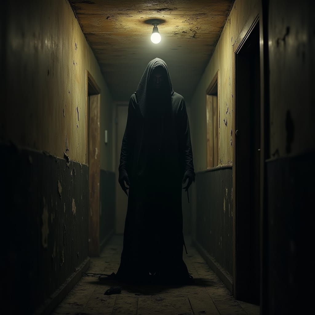 Ominous Figure in Dark, Creepy Hallway
