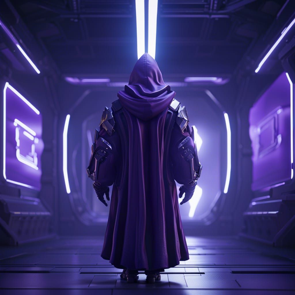 Man in Purple Robe: Sci-Fi Cinematic Scene