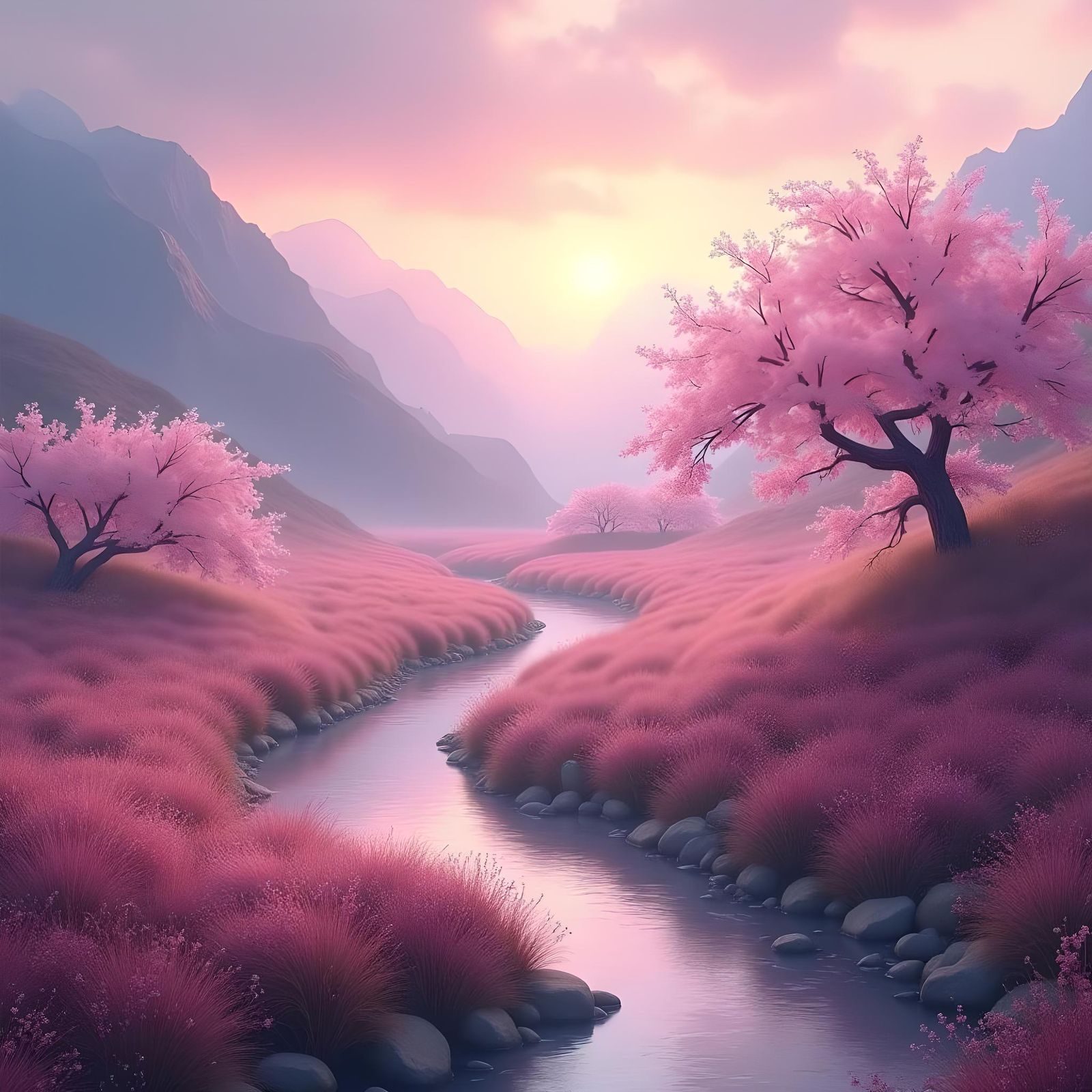 Cherry Blossom Mountain Field in Ethereal Style