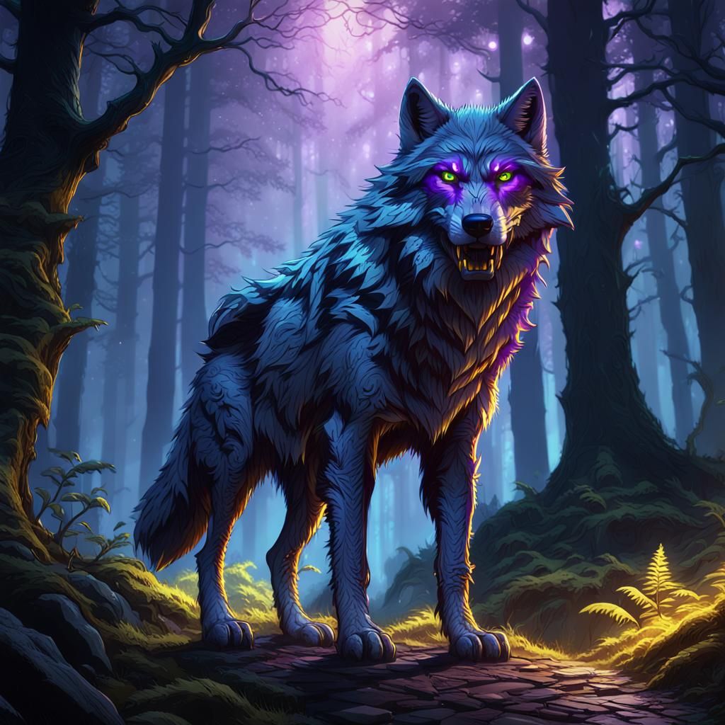 Electric Wolf in Mystical Forest: Dark Fantasy Art