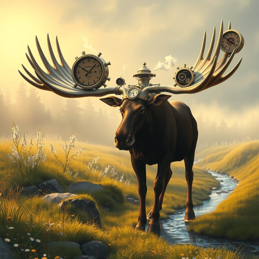 Majestic Clockwork Moose in Enchanted Meadow