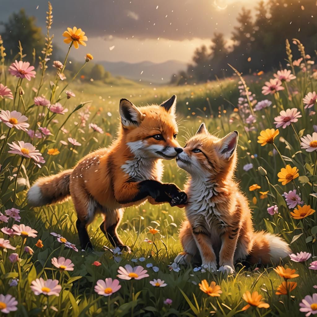 a baby fox and a cat play together