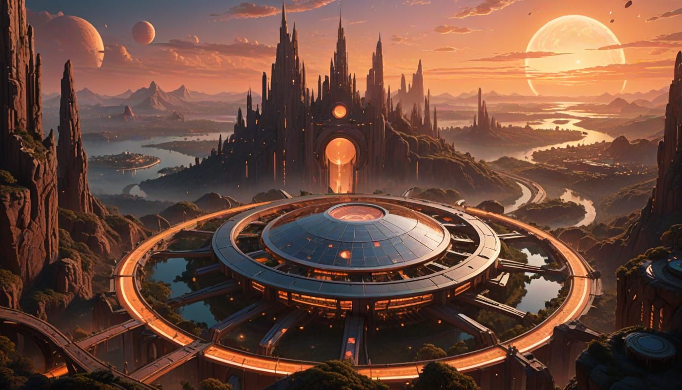 Futuristic City at Sunset with Glowing Underground Hub