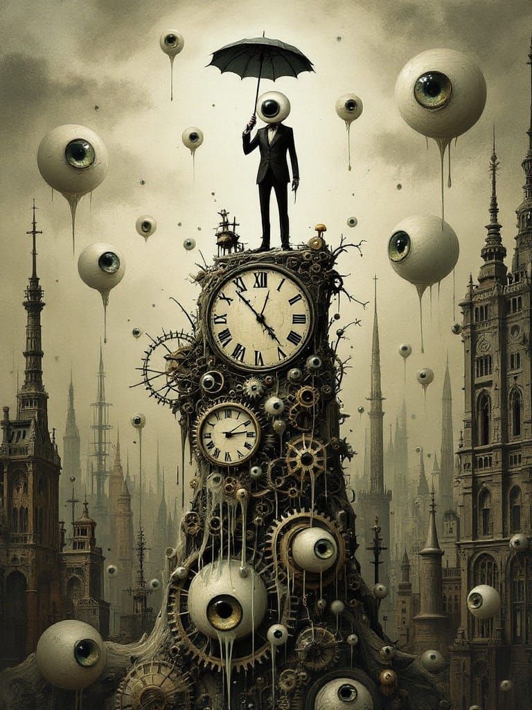 Eyeball Head Figure in Surreal Steampunk Landscape