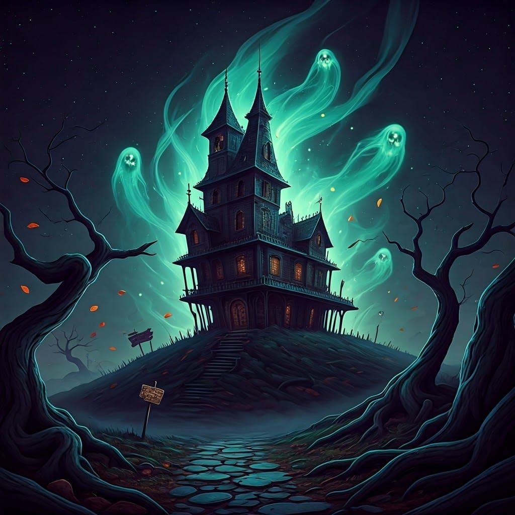 Ethereal Apparitions Around Haunted Mansion in Digital Art