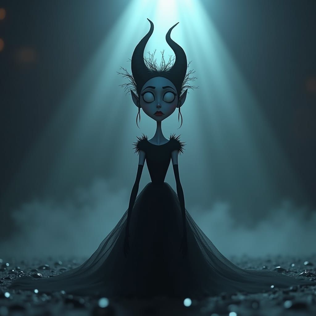 Gothic Princess in Fog, Tim Burton-Style 3D Animation
