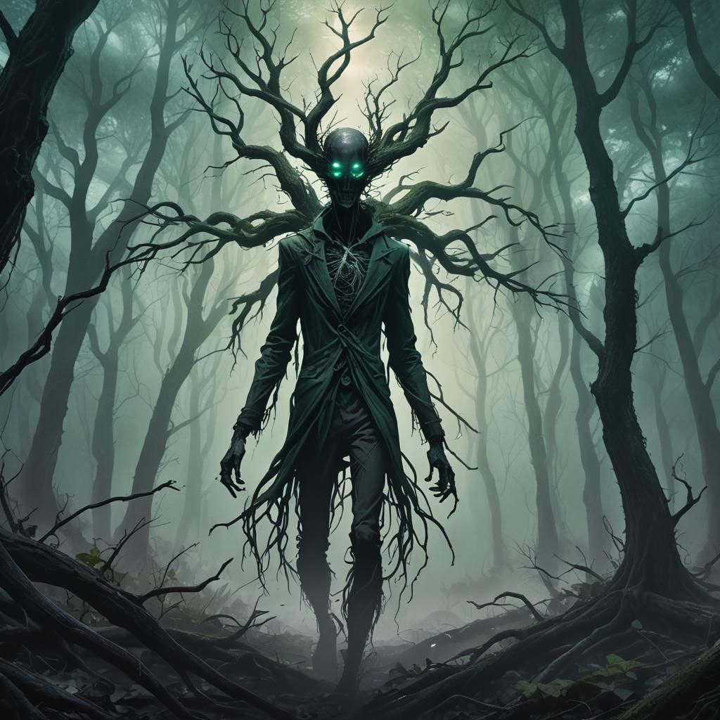 Slender Man in Misty Forest: Dark Fantasy Art