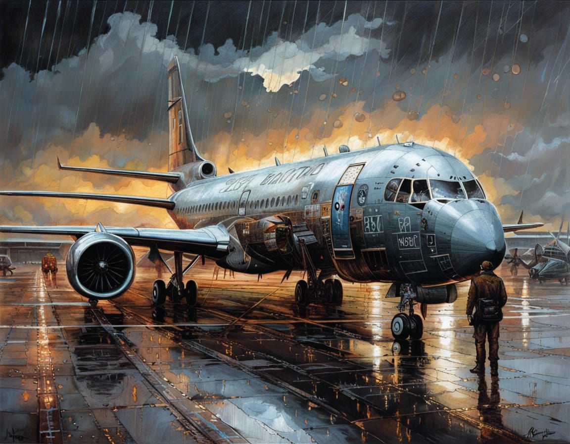 Rainy Airport Tarmac: Lace Art Airplane