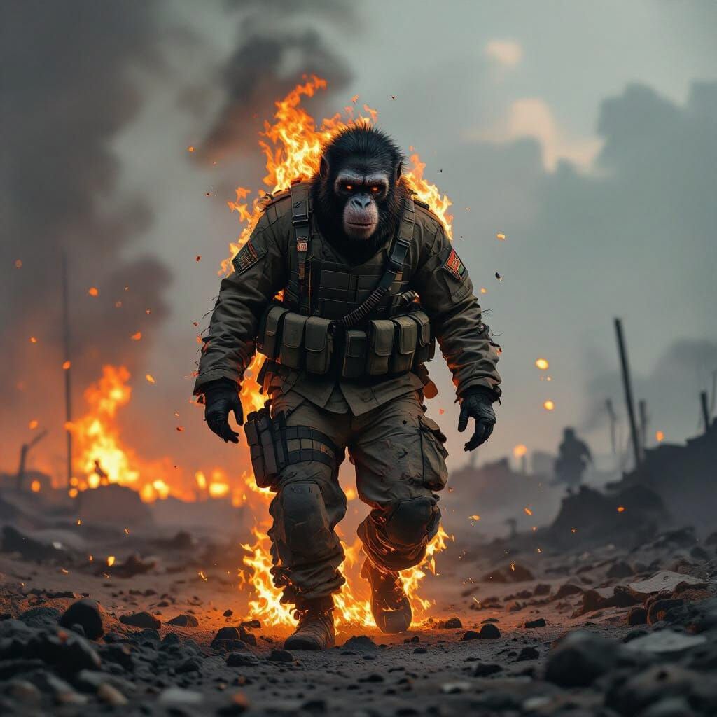 Primate Soldier Burning on War-Torn Battlefield