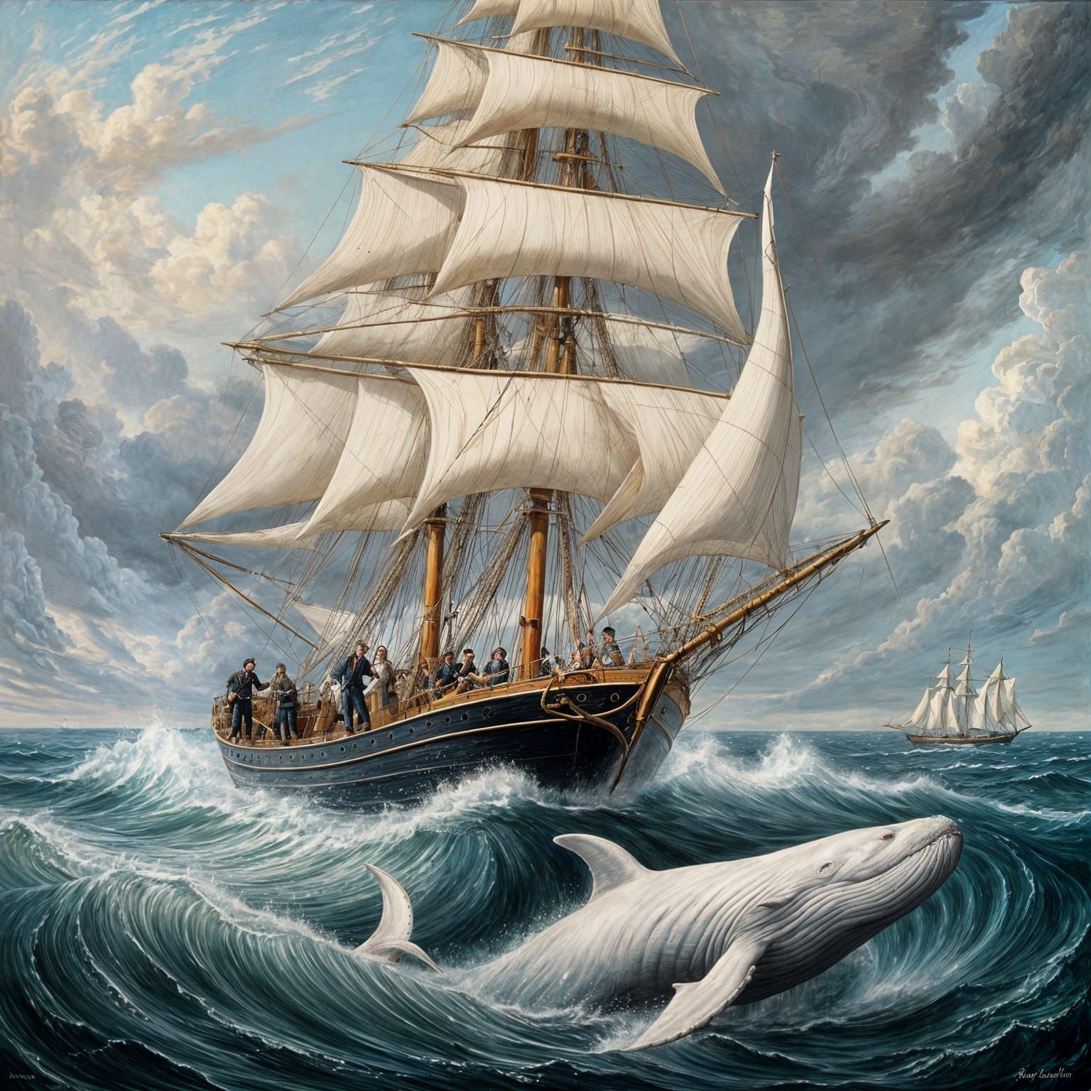 Albino Whale Hunt: Dramatic Oil Painting of the Sea