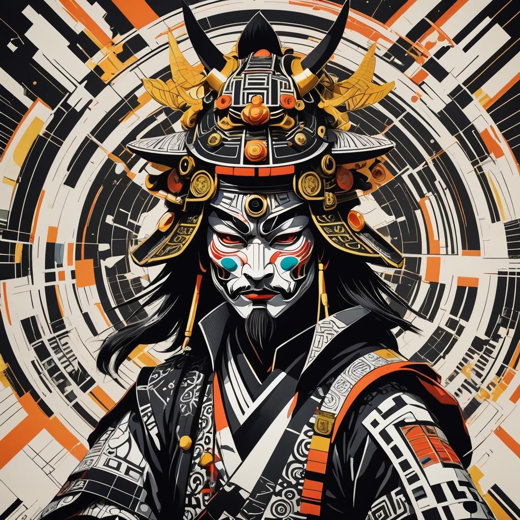 Samurai with Oni Mask in Digital Pop Art Style