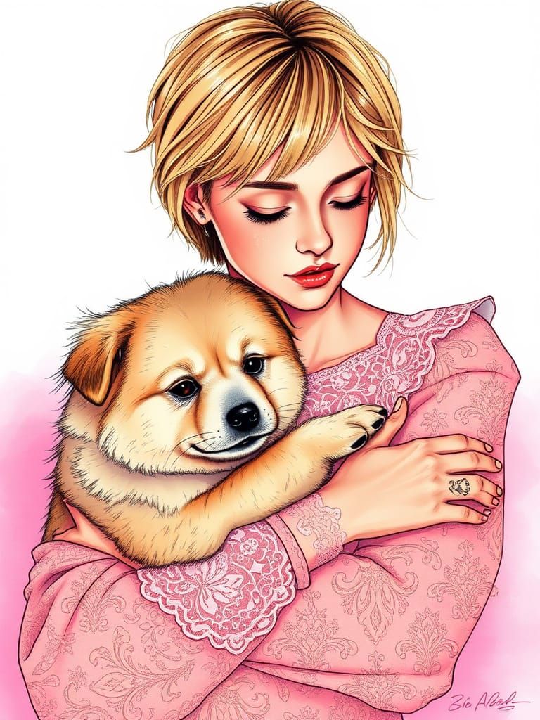 Slavic Girl and Dog: Synthwave Hand-Drawn Sketch