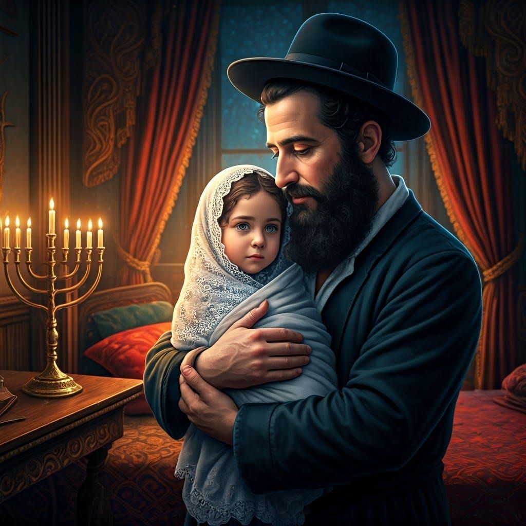 Orthodox Jewish Father Cradles Daughter in Whimsical, Fantas...