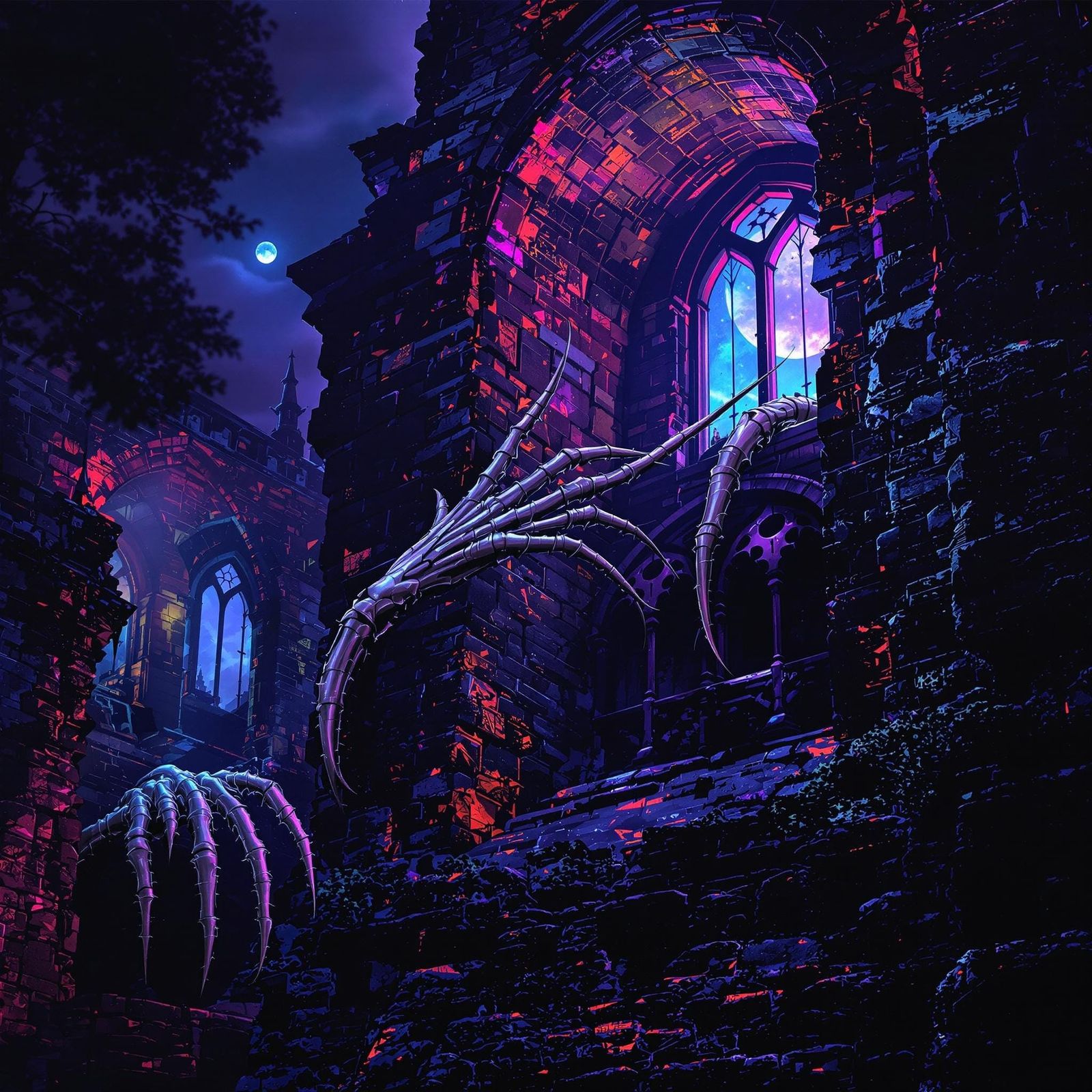 Skeletal Hand Crawls Out of Dark Castle Window Under Eerie M...