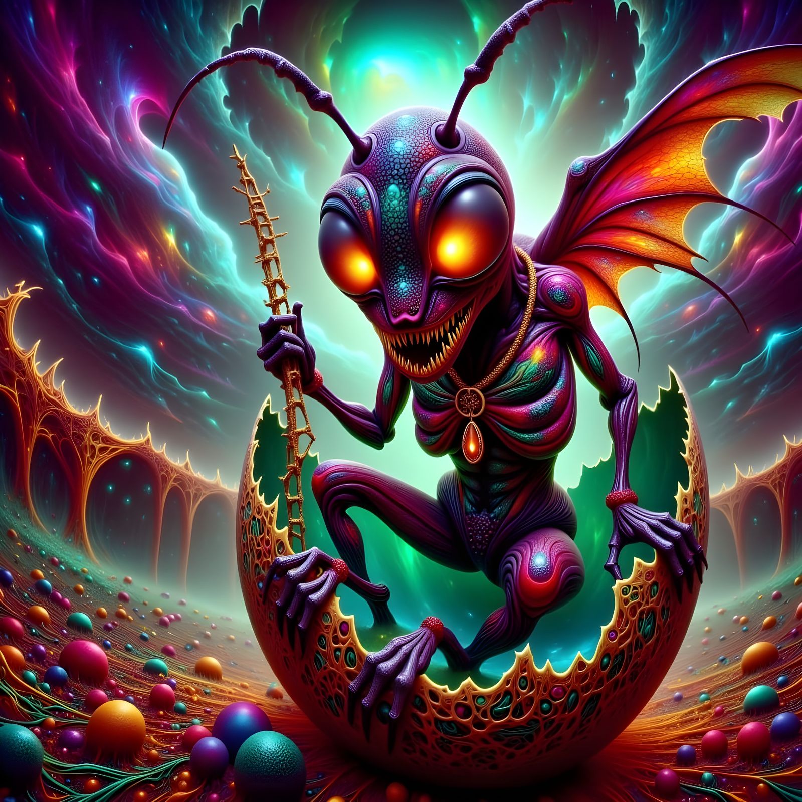 Muscular Fabric Ant with Tattoos in Cosmic Setting
