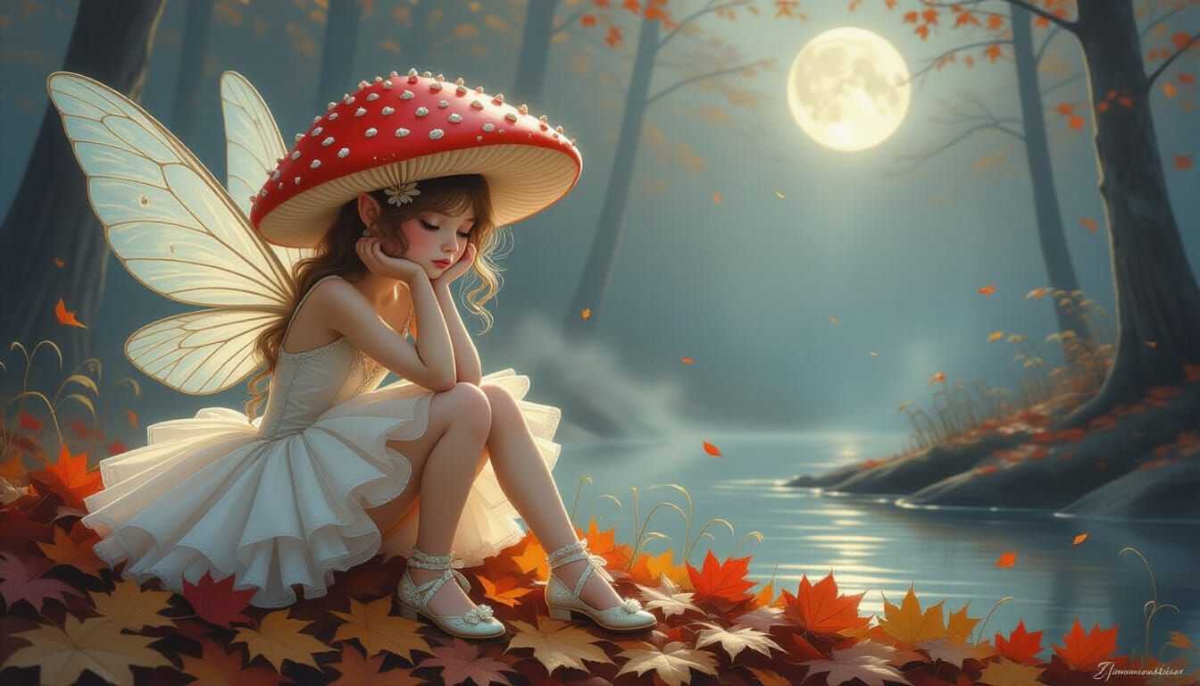 Fairy Girl Balancing on Autumn Leaves in Ethereal Light