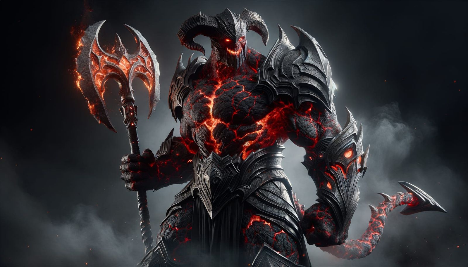 Glowing Devil in Onyx Armor Wields Battleaxe in Hyper-Realis...