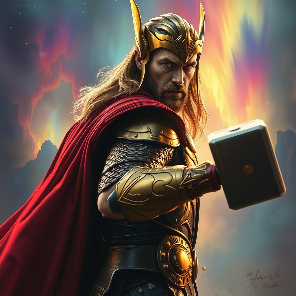Thor in Golden Armor with Mjolnir