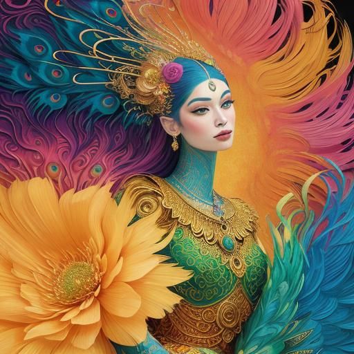 Dragon Peacock Woman in Abstract Expressionist Style