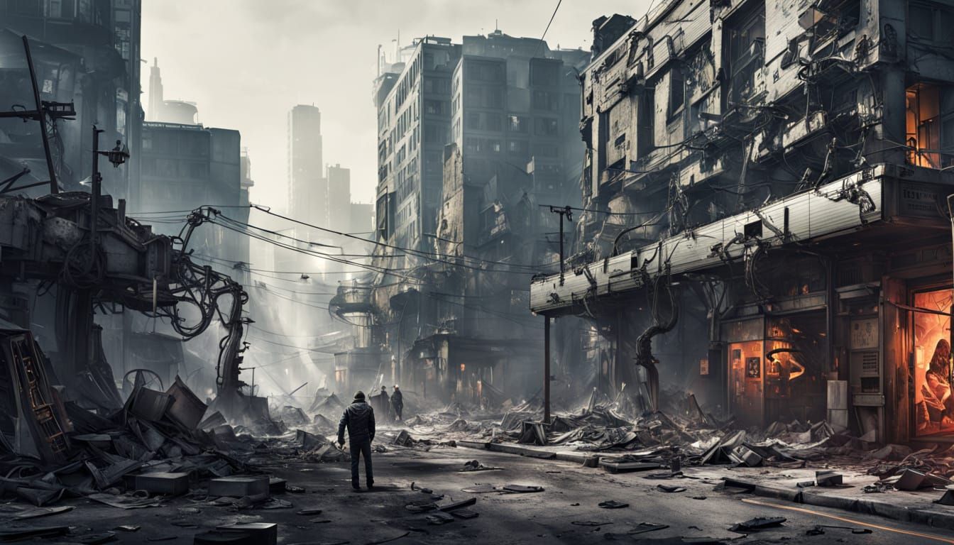 Dystopian Cityscape with Fractured Portal and Rebels