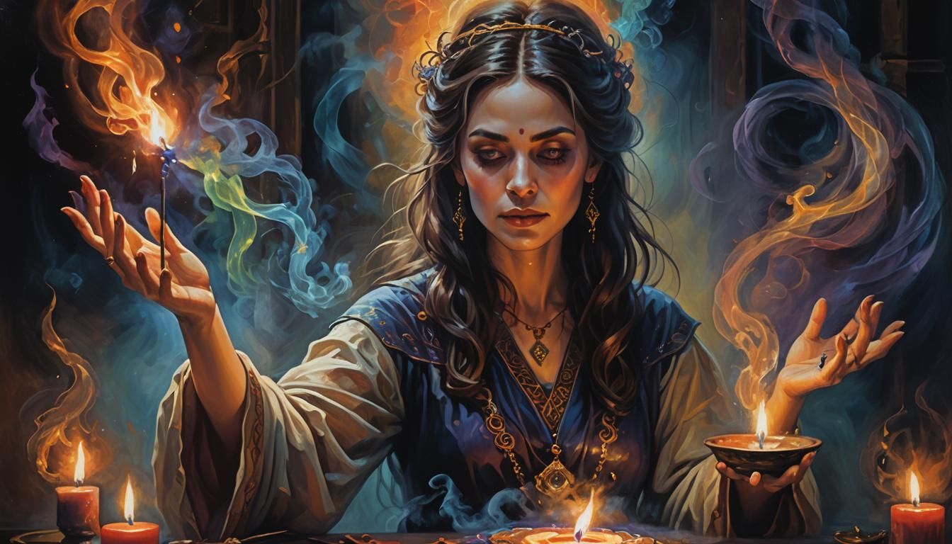 Mystic Woman Casting Spell in Ethereal Oil Painting