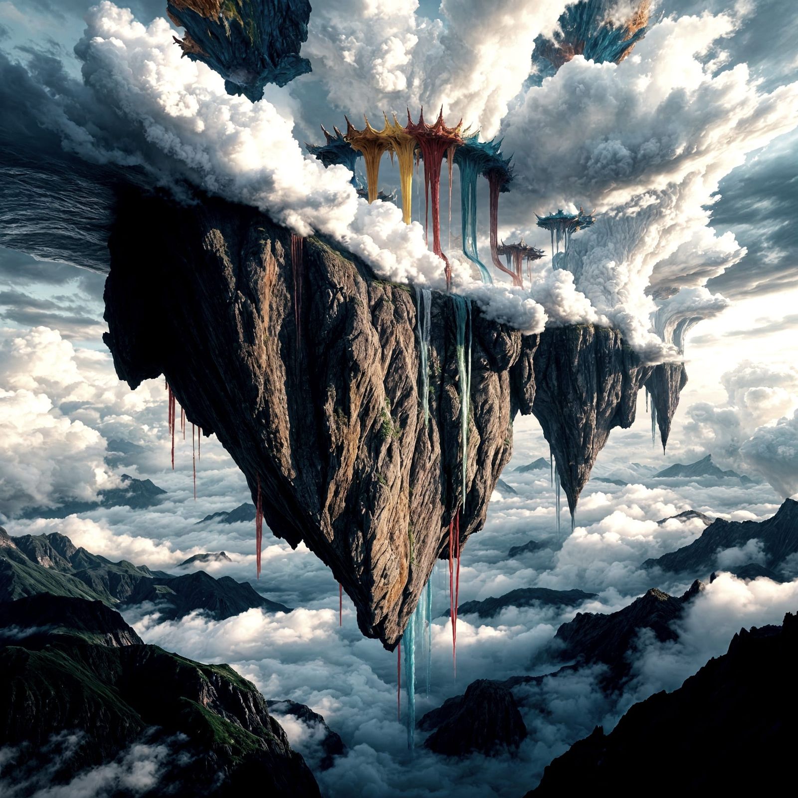 Fantastical Landscape with Dripping Clouds and Upside Down M...